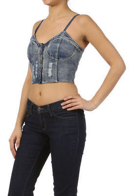 Top Crop Denim Button Distressed Faded Blue Smocked Back Casual Stretch