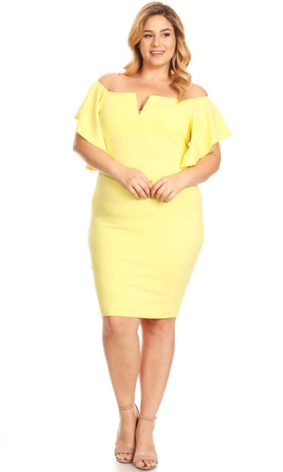 Plus Yellow Dress Cocktail Flutter Short Sleeve Off Shoulder Bodycon Midi Sexy
