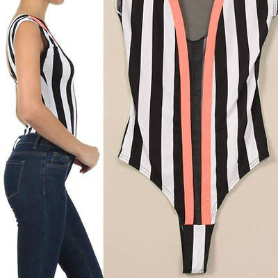 S M L Bodysuit Striped Neon Orange Trim Mesh See Thru Sexy Stretch Top Womens