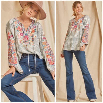 Colorful Boho Floral Embroidered Long Sleeve Tie Woven Blouse Casual Women's