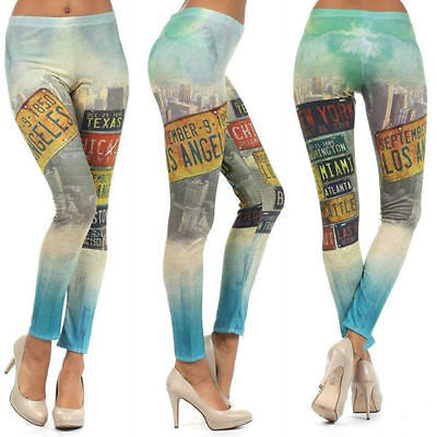 Leggings City License Plate Print Multi Color Stretch Skinny Pants