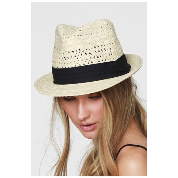 Natural Black Tucked Ribbon Woven Spring Summer Fedora Womens Hat