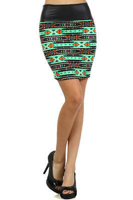 Skirt Faux Leather High Waist Tribal Green Aztec Mini Stretch Sexy