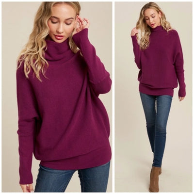 Plum Slouch Neck Dolman Knit Pullover Sweater Long Sleeve Casual Womens