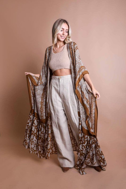 Brown Paisley Tapestry Free Flow Kimono Open Duster Coverup Wrap Top