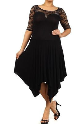 Plus Dress Lace Sweetheart Sexy Solid 3/4 Sleeve Asymmetrical Black