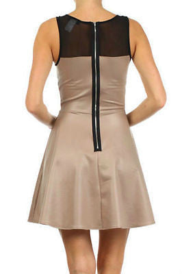 Dress Skater Faux Leather Matte Beige Mesh See Thru Sexy Flare Circle