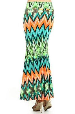 Skirt Chevron Neon Maxi Full Length Casual High Waist Bright Sexy Stretch