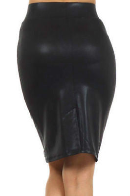 Skirt Shiny Wet Look Faux Leather Knit Textured Pencil Black