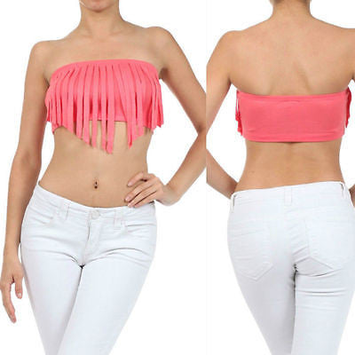 Crop Top Fringe Solid Bandeau Strapless Tube Summer Shirt Sexy Peach