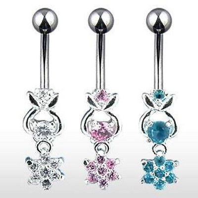 Belly Ring Dangle Sparkling Cubic Zirconia Flower Surgical Stainless Steel