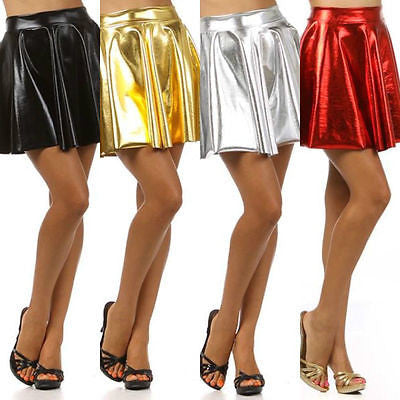 Skirt Metallic Shiny Circle Liquid Mini Wet Look Sexy Club Women Solid