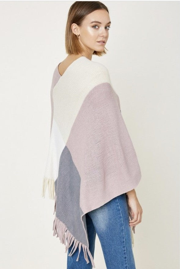 Pink Colorblock Knit Sweater Fringe Poncho Womens One Size