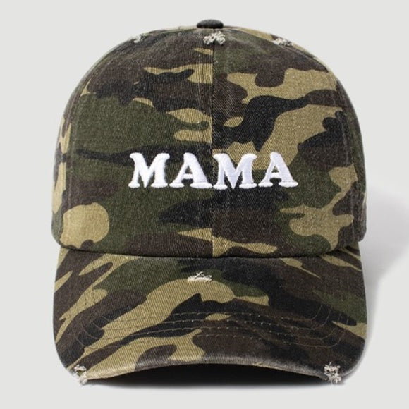 Mama Embroidered Camo Camouflage Print Distressed Baseball Hat Cap