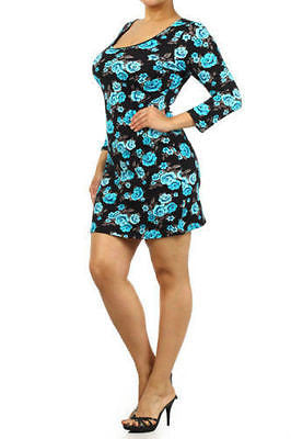Dress Plus Floral Casual Spring 3/4 Sleeve Knit Bodycon Mini Sexy