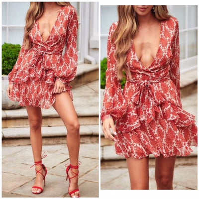 Sexy Floral Printed Ruffle Tiered Skirt Mini Dress Womens Cockail Party