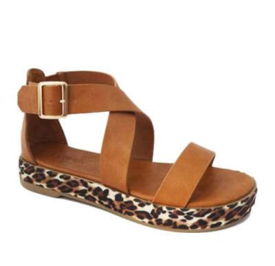Tan Cognac Leopard Sole Faux Leather Sandals Casual Womens