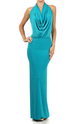 Dress Gown Formal Cocktail Halter Drape Cowl Maxi Solid Low Back Sexy