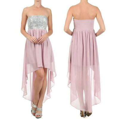 Dress Cocktail Hi Low Hem Sheer Chiffon Strapless Sequin Silver Party