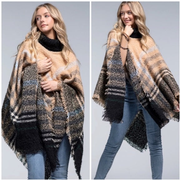 New York Soft Boucle Knit Yarn Dye Plaid Turtleneck Poncho Winter One Size