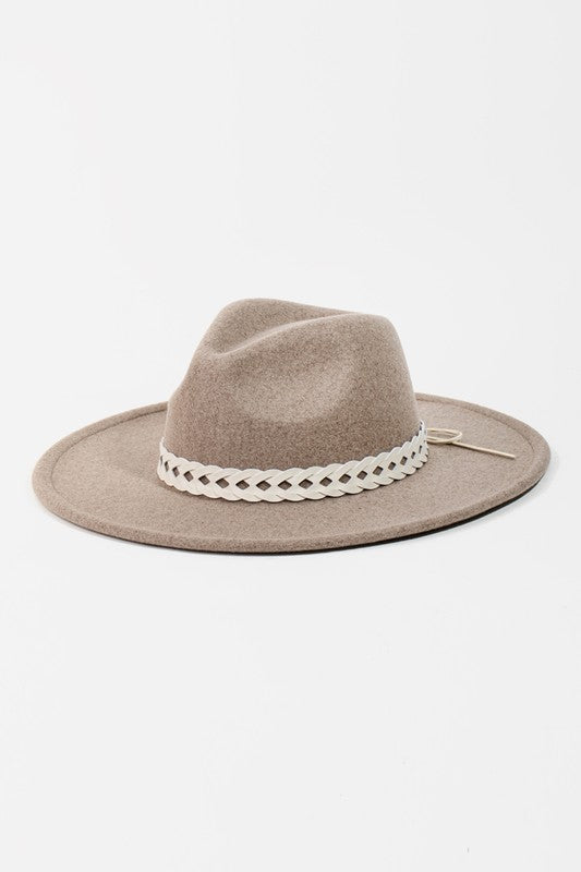 Gray Bohemian Braided Strap Flat Brim Fedora Hat
