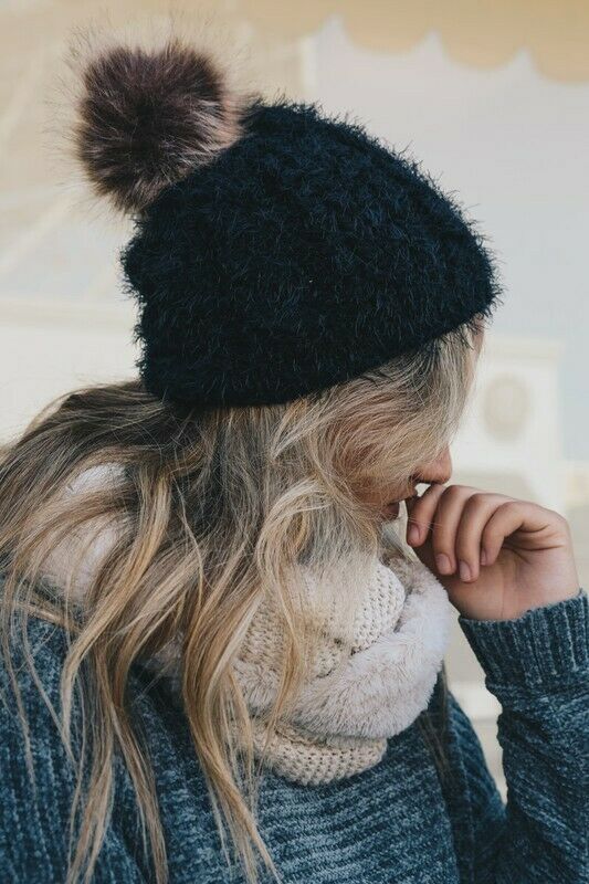 Black Faux Mohair Soft Knit Faux Fur Pompom Winter Womens Beanie Hat