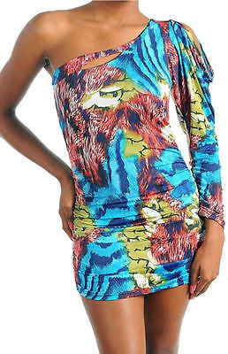 Dress Mini One Shoulder Keyhole Abstract Animal Printed Stretch Club Sexy
