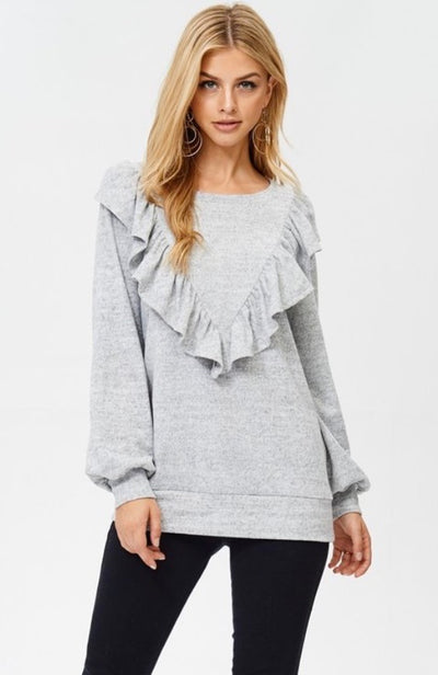 Gray Ruffle Knit Light Sweater Long Sleeve Casual Shirt Women