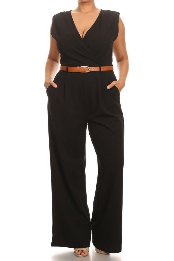 Jumpsuit Black Sleeveless Belt Wrapped Women Pants Pleated Sexy Belted