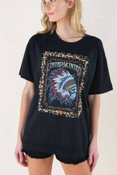Black Lynyrd Skynyrd Skull Indian Chief Leopard Oversized Graphic T-Shirt Womens
