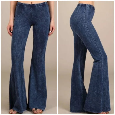 Electric Blue Boho Mineral Wash Flared Stretch Pants Casual Womens