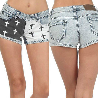 Shorts Mini Denim S M L Crosses Black White Punk Faded Printed Stretch New