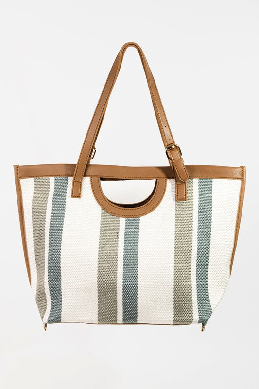 Green Striped Faux Leather Trim Tote Bag