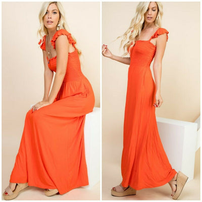 Orange Smocked Pockets On Off Shoulder Maxi Dress Casual Womens