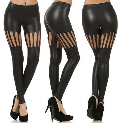Leggings Faux Matte Leather Cut Out Knee Sexy Stretch Pants Full Length