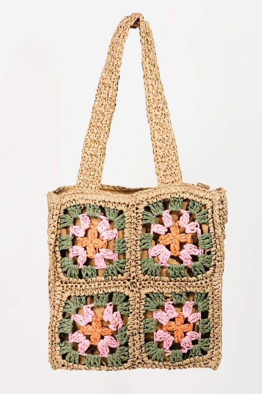 Khaki Floral Straw Braided Woven Pattern Tote Bag