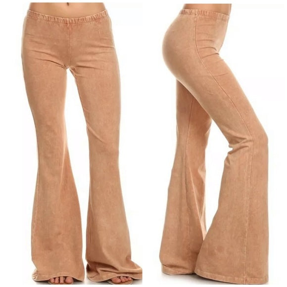 Camel Boho Mineral Wash Flared Stretch Pants Casual Womens