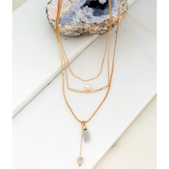 Gold Pearl Tassel Rhinestone Layer Necklace