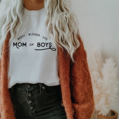 Vintage White Mom Of Boys Oversized Graphic Bella Canvas Womens Tee T-Shirt