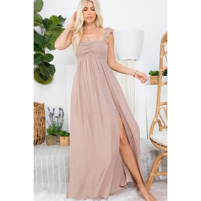 Sand Ruffle Sleeve Solid Smocked Long Full Length Relaxed Fit Maxi Casual Dress