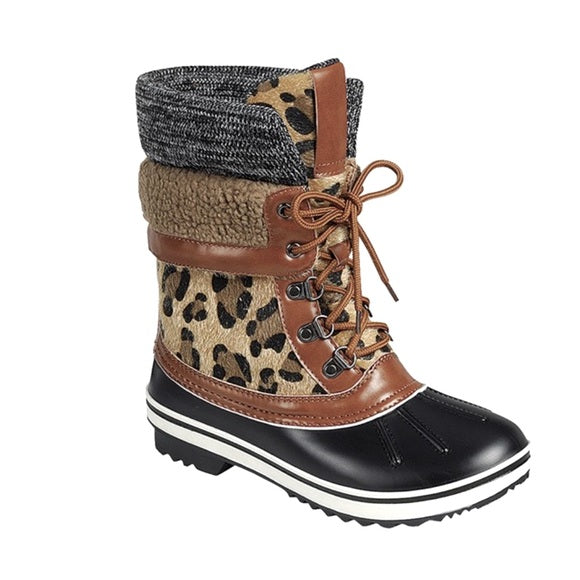 Leopard Animal Print Sherpa Winter Duck Snow Cold Weather Ankle Boots Womens