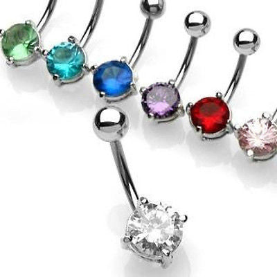 Silver Prong Set 7 MM CZ Round Solitaire Belly Navel Ring Surgical Stainless Steel