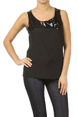 Sleeveless Loose Fit Tank Top Black Sequin Sparkling Scoop Neck Blouse