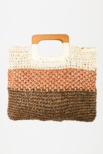 Three Tone Striped Square Wood Handle Woven Braided Straw Tote Bag