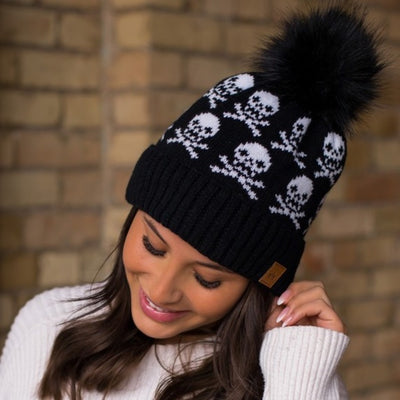 Black Knit Skull Skeleton Crossbones Faux Fur Fleece Lined Beanie Winter Hat