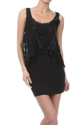 Dress Mini Cocktail Black Lace Layered Flower Necklace Sexy Club Tank