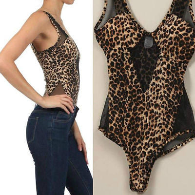 Bodysuit Leopard Sheer Mesh Keyhole Animal Print Sleeveless Top Womens