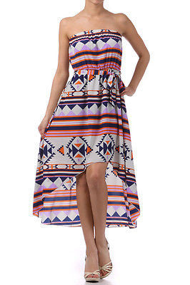 Dress Hi Low Hem Aztec Indian Tribal Strapless Tie Waist Tube Summer Print