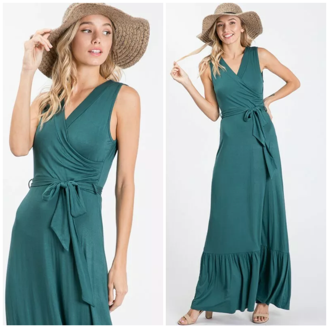 Hunter Green Faux Wrap Sleeveless Belted Casual Maxi Dress Womens