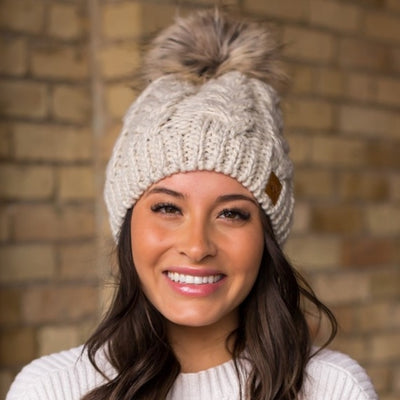 Tan Cable Knit Faux Fur Pompom Beanie Fleece Lined Women's Winter Hat